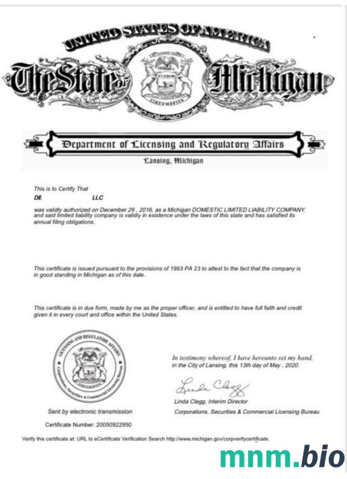 Certyfikat dobrej kondycji USA Michigan